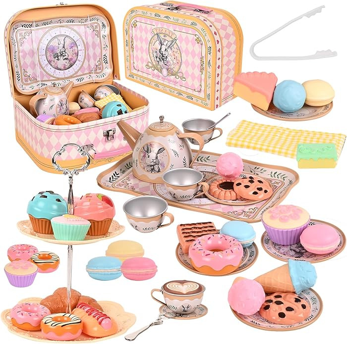 Tea Party Set for Girl, Tea Time Toys Including Tea Set Dessert Carrying Case, Kids Picnic Preten... | Amazon (US)