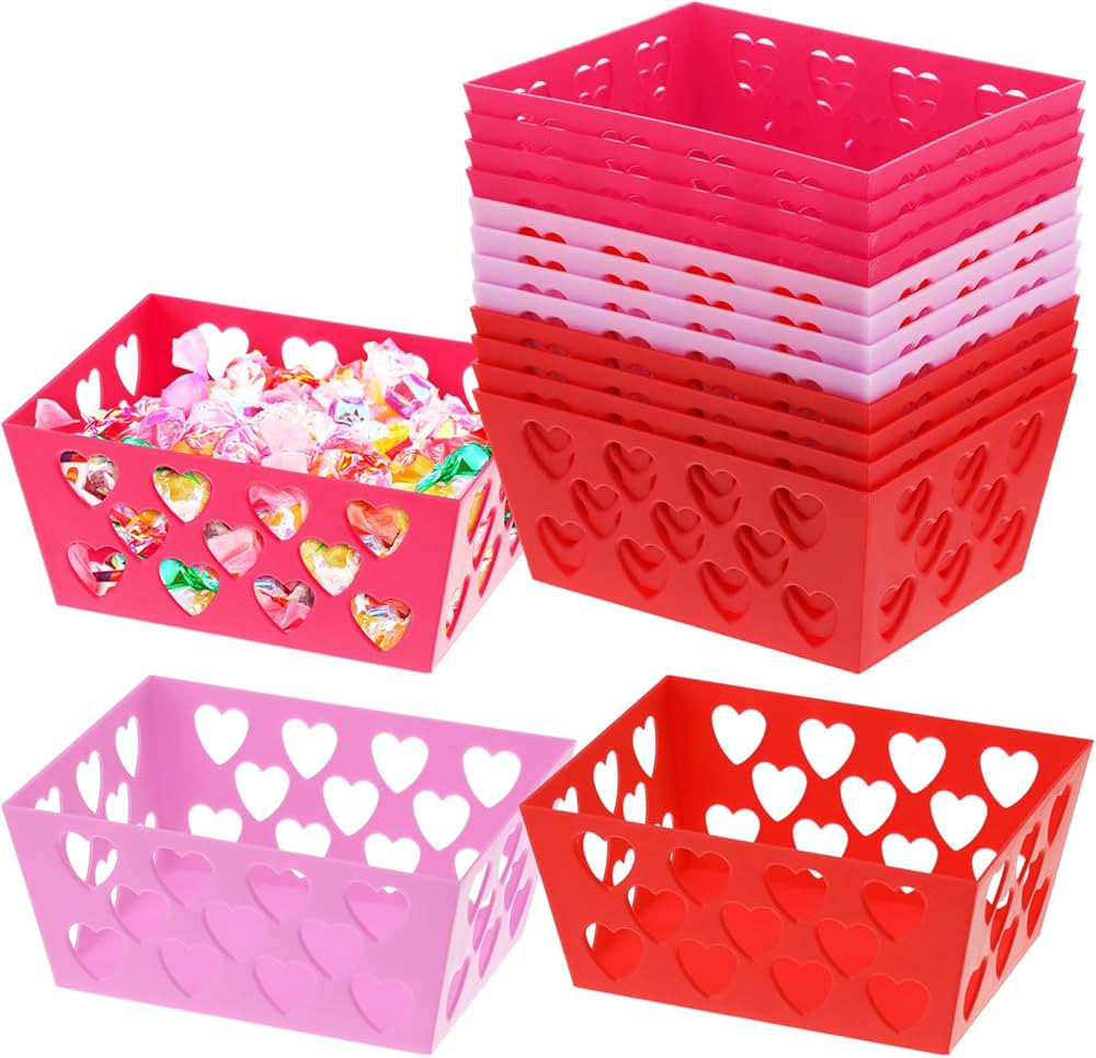 Menkxi 12 Pcs Pink and Red Valentine's Day Baskets, 5.51"x 4.33"x 2.44" Small Heart Hollowed Plas... | Amazon (US)