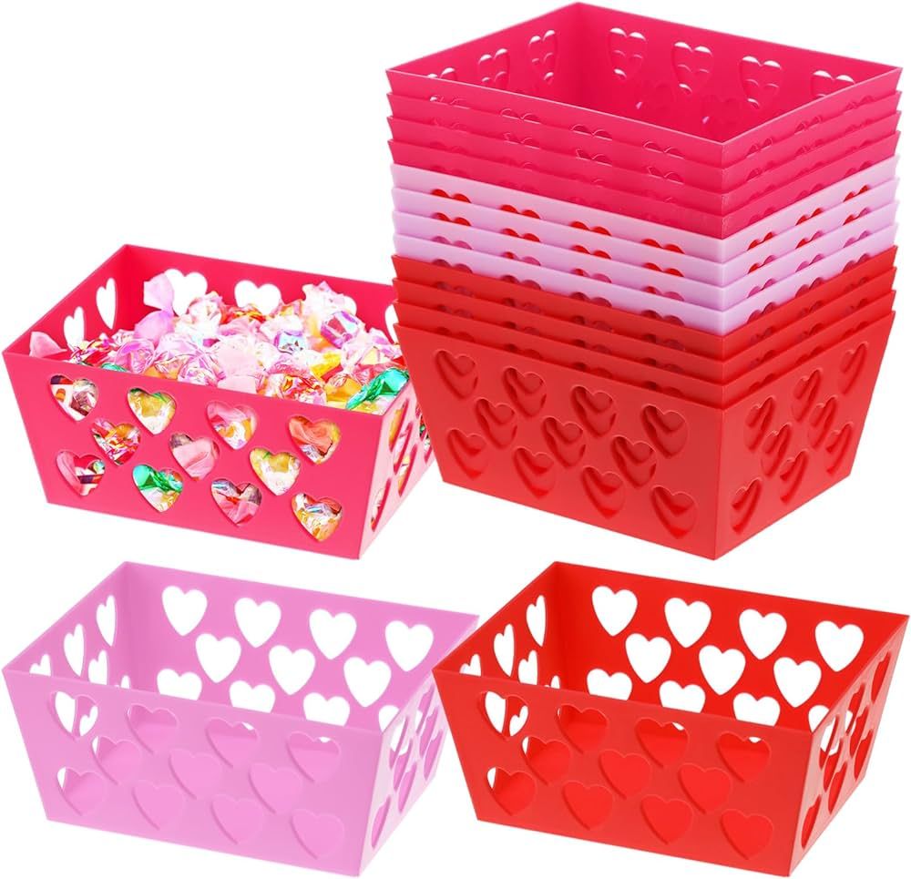 Menkxi 12 Pcs Pink and Red Valentine's Day Baskets, 5.51"x 4.33"x 2.44" Small Heart Hollowed Plas... | Amazon (US)
