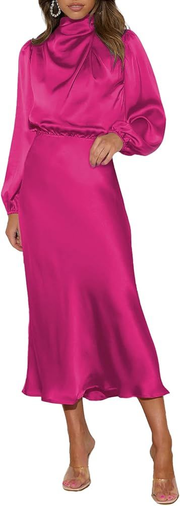 Pink Queen Women's Elegant Long Sleeve Satin Dress Mock Neck Elastic Waist Cocktail Party Wedding... | Amazon (US)