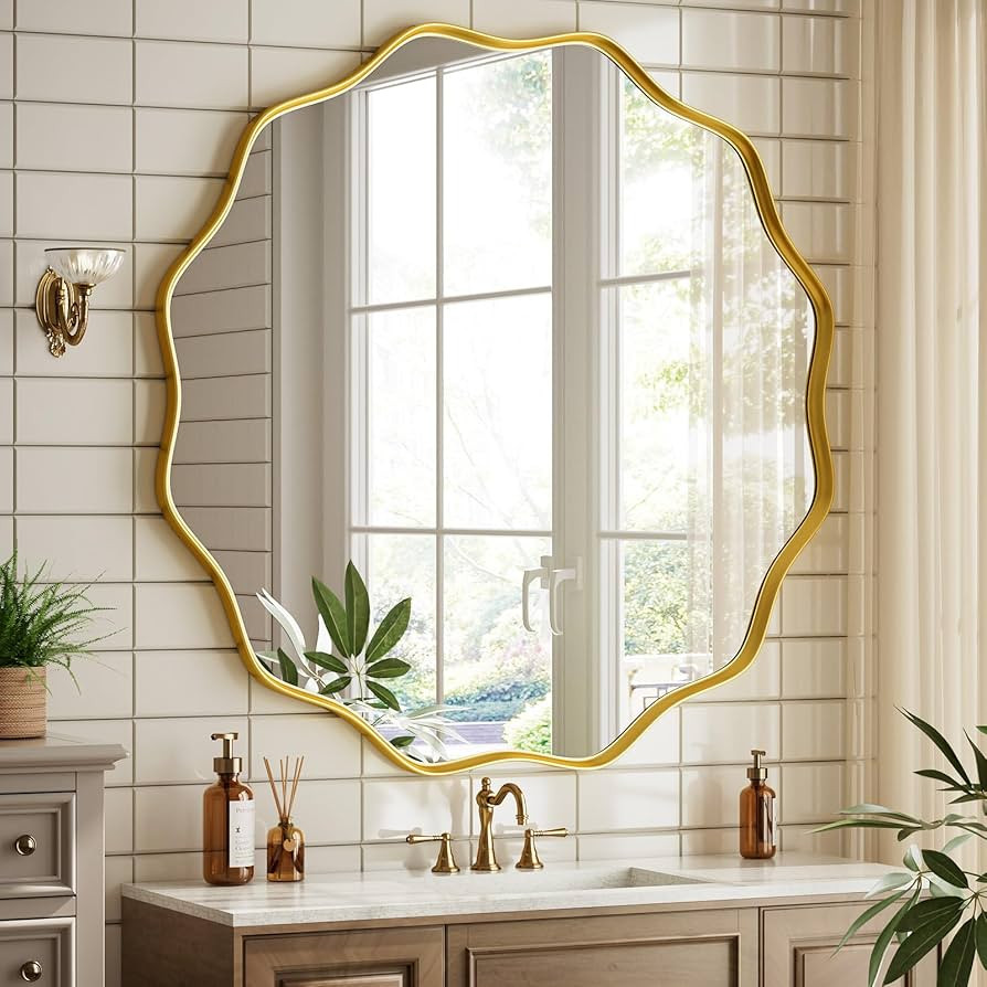 Round Wavy Mirror - 30 Inch Bathroom Vanity Mirror Metal Frame Circle Wall Mounted Mirror for Bed... | Amazon (US)