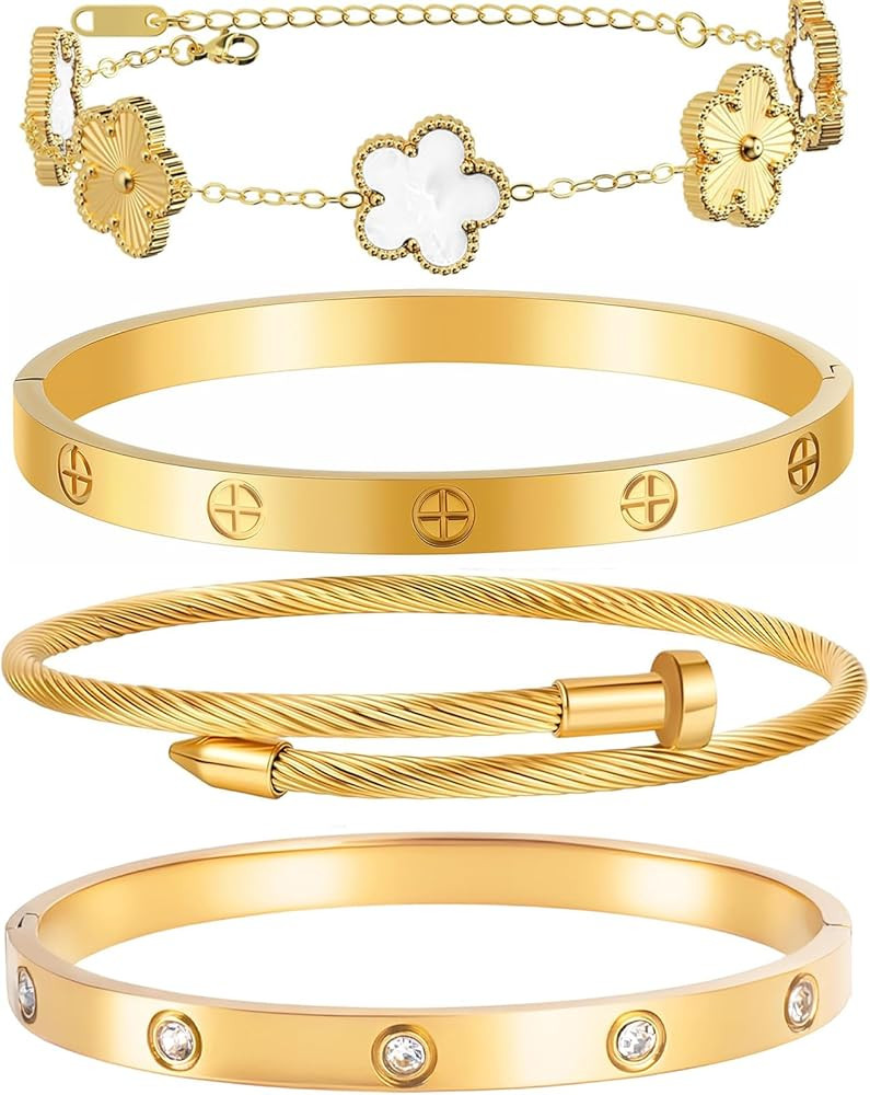 Gold Bracelets for Women-4Sets/3ets,18K Gold Plated Bracelet,Stainless Steel Bangle Bracelets Non... | Amazon (US)