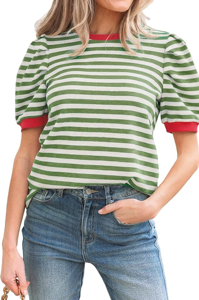 Women Tops Brown Stripe Short Puff Sleeve Contrast Trim Round Neck Tee | Amazon (US)