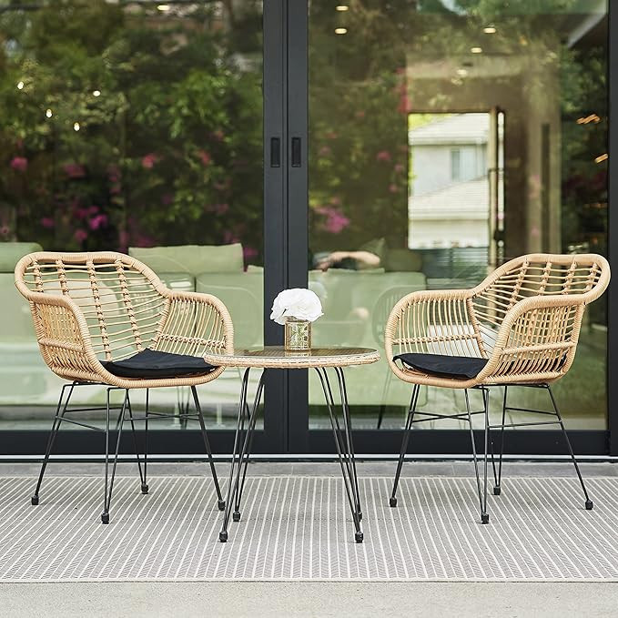 BELLEZE 3-Pieces Outdoor Patio Wicker Chair Bistro Set Cafe Coffee Table UV Resistant w/Seat Cush... | Amazon (US)