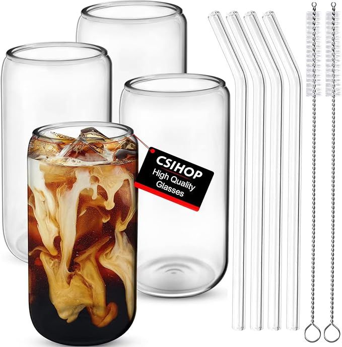4pcs Set Drinking Glasses with Glass Straw - 16oz Can Shaped Drinking Glass Set, Iced Coffee Mug,... | Amazon (US)