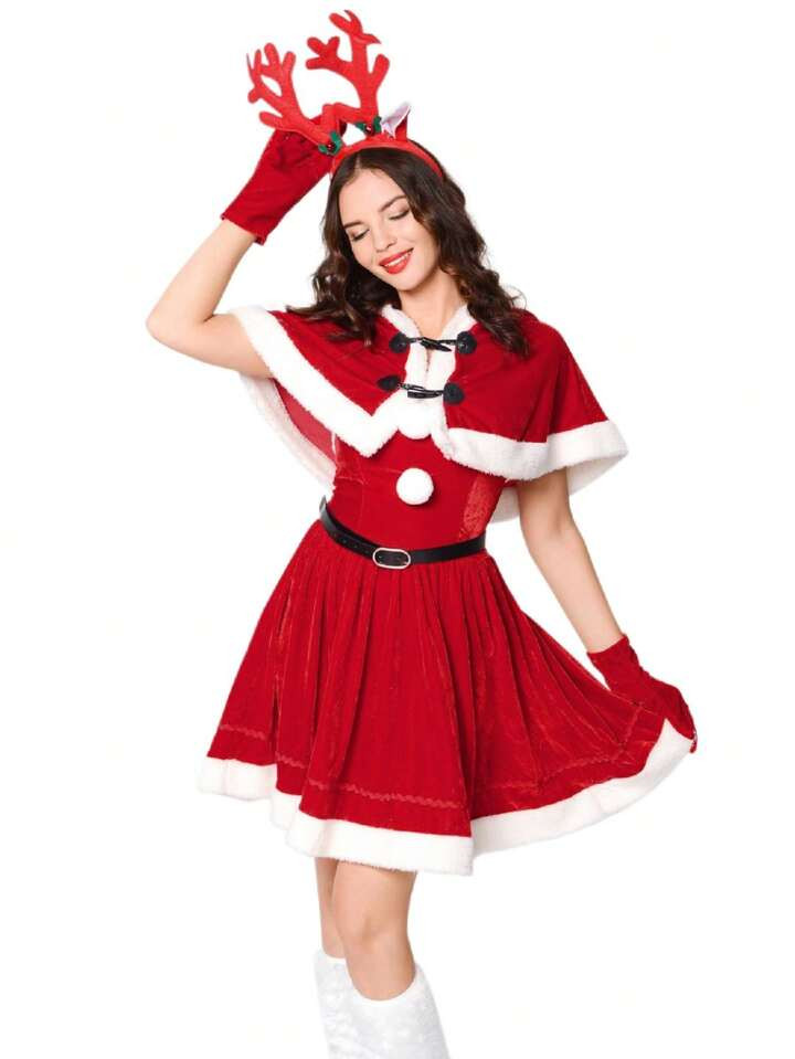 Mrs Claus Costume For Women Santa Christmas Costume Velvet Dress Outfit With Belt Shawl Gloves He... | SHEIN