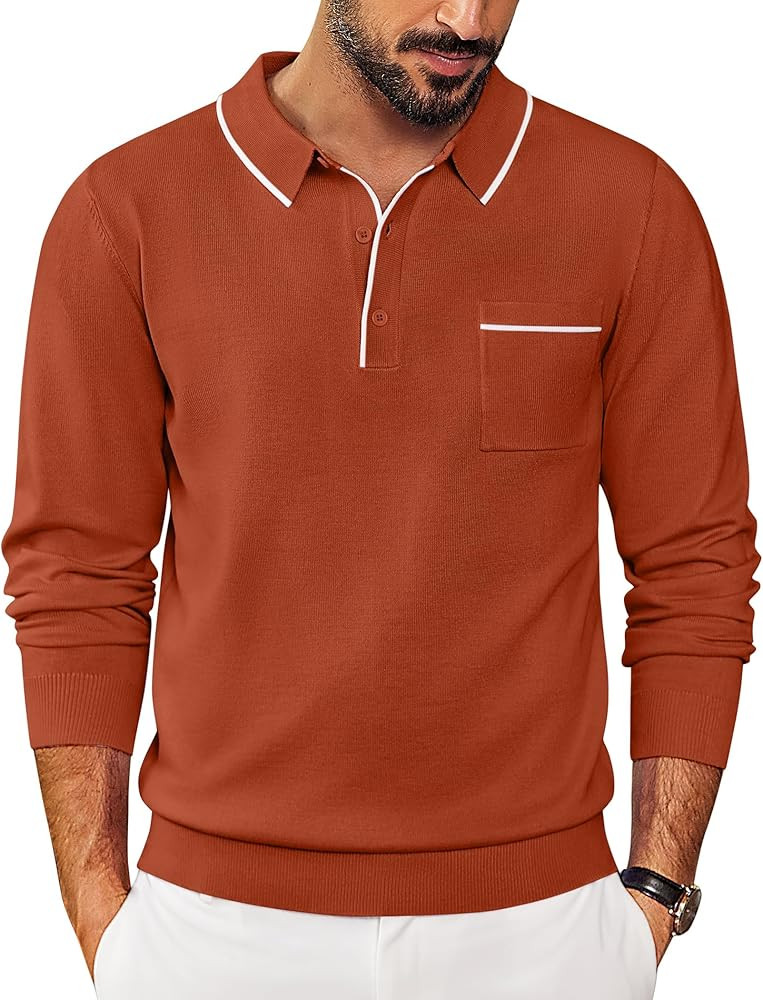 COOFANDY Mens Knit Polo Long Sleeve Collared Sweater Polo Business Casual Polos with Pocket | Amazon (US)