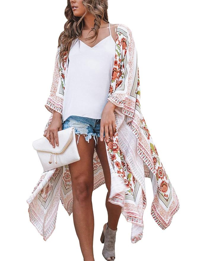 MayBuy Women's Long Flowy Kimono Cardigan Boho Style Chiffon Beach Open Cover Ups Shawl Wrap S-3XL | Amazon (US)