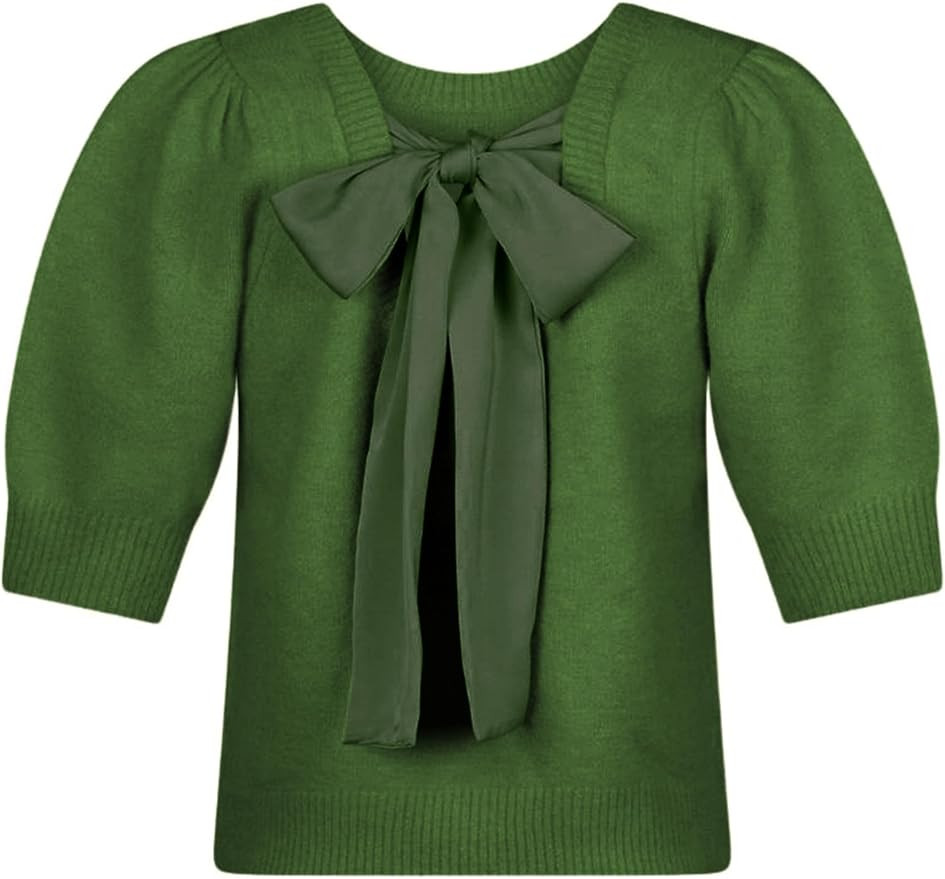 Springrain Bow Sweater Women Casual Puff Short Sleeve Crew Neck Tie Back Knit Pullover Tops | Amazon (US)
