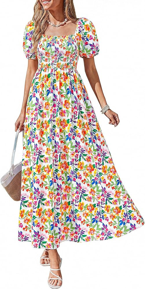 BTFBM Spring Summer Dresses for Women 2026 Puff Short Sleeve Smocked Floral Print Boho Beach Wedd... | Amazon (US)