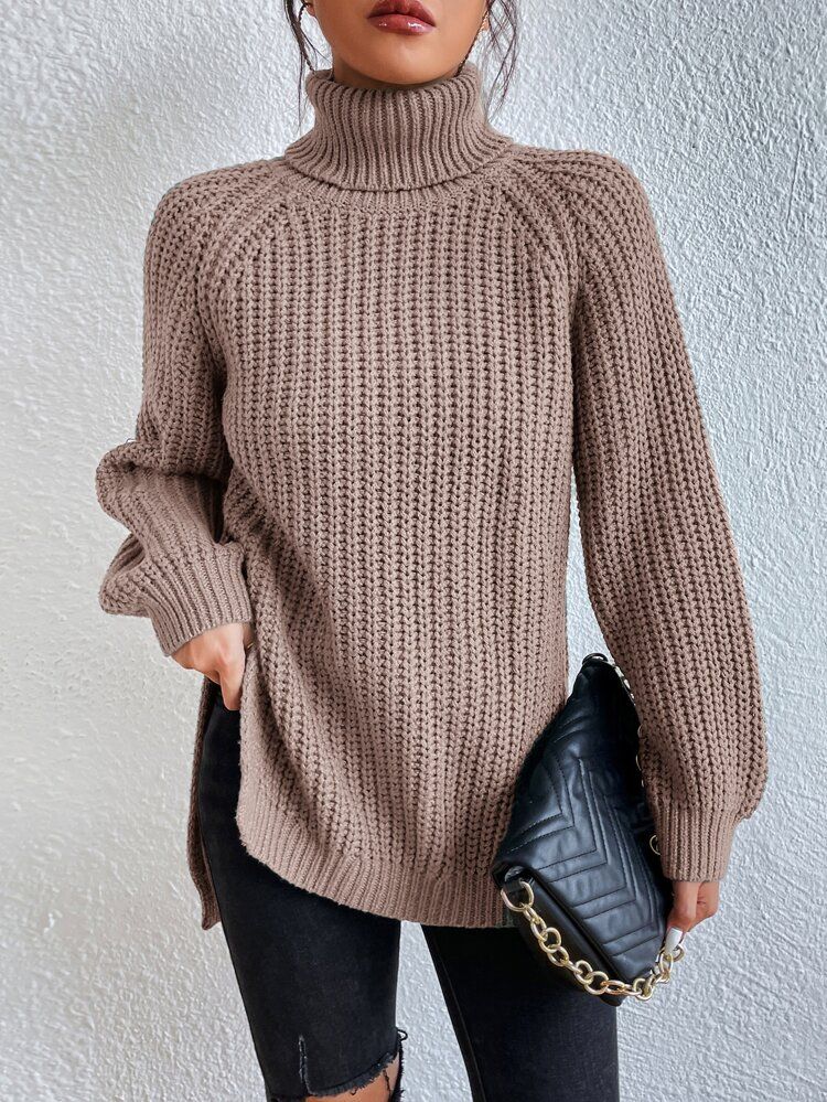 Turtleneck Raglan Sleeve Split Hem Sweater | SHEIN
