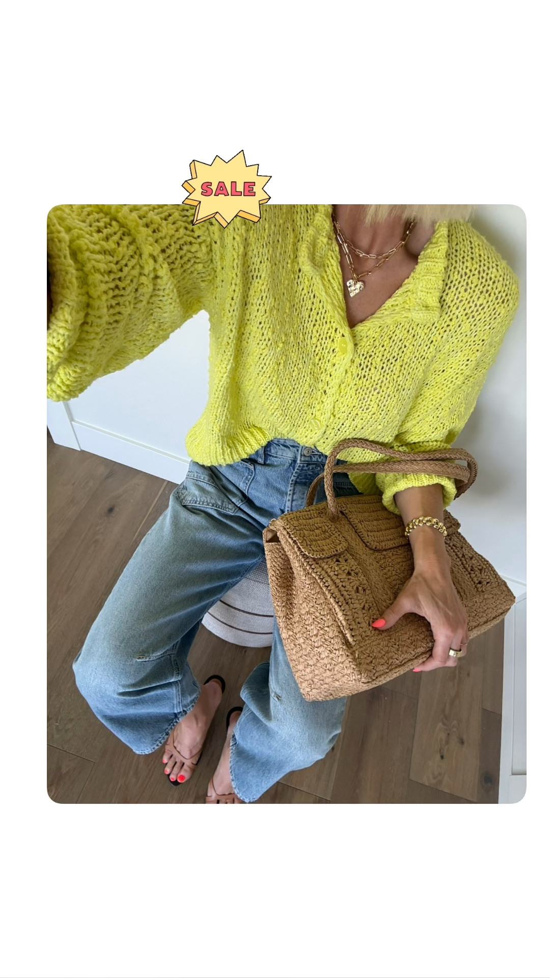 One of my favorite, most worn necklaces is on major sale. Equally chic as it is effortless.
Bright yellow green cardigan sweater + flattering soft barrel jeans + woven bag and the prettiest little kitten heel sandals.
Size down in sweater & jeans 

#LTKOver40 #LTKootd #LTKMothersDay