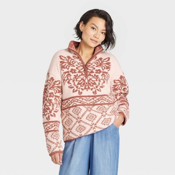 Women&#39;s Mock Turtleneck Quarter Zip Damask Pullover Sweater - Knox Rose&#8482; Pink L | Target