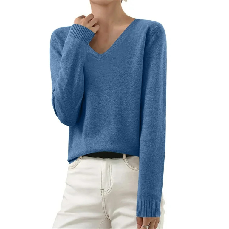 Cashmere Sweater for Women Long Sleeve V Neck Loose Pullover Tops Soft Warm Cozy Lightweight Wool... | Walmart (US)