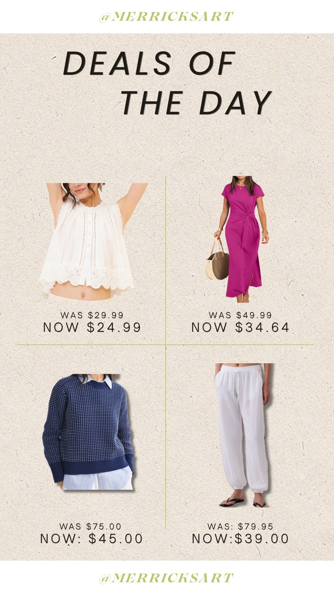 Deals of the day!! This perfect 100% cotton summer top, softest and flattering side tie dress, perfect summer sweater also natural fibers, and these incredible light weight joggers!

#LTKSeasonal #LTKSaleAlert