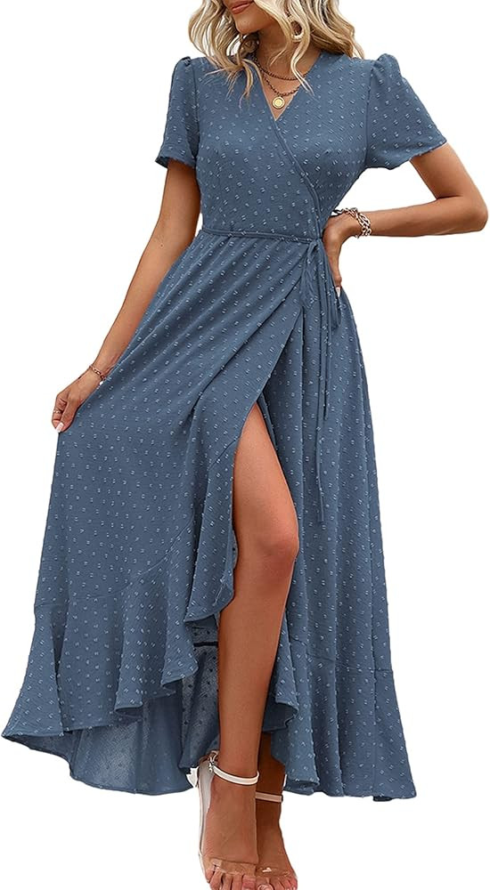 PRETTYGARDEN Women's Summer Wrap Maxi Dress Casual Boho Floral V Neck Short Sleeve Ruffle Hem Spl... | Amazon (US)