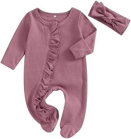 Infant Baby Girl Fall Outfit Romper Footies Solid Color Frills Ruffle Trim Jumpsuit Bodysuits New... | Amazon (US)