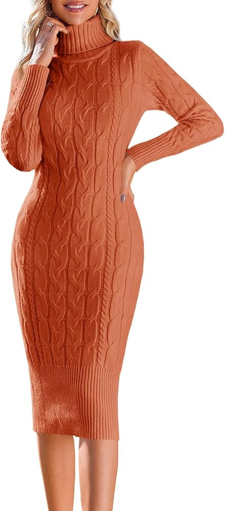 Fangetey Womens Long Sleeve Turtleneck Sweater Dresses Knitted Bodycon Midi Sheath Jumper Dresses | Amazon (US)