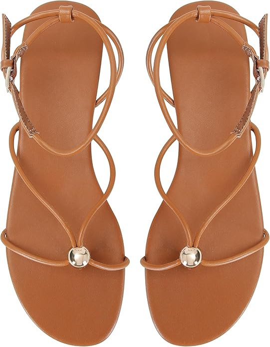 Strappy Flat Sandals for Women Comfortable Open Round Toe Sandals Dressy Beach Thong Flip Flop Sl... | Amazon (US)