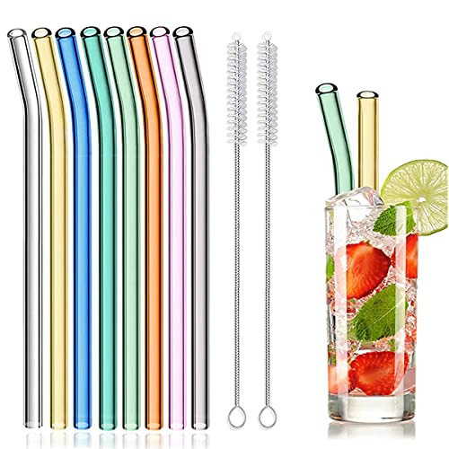 8 Pcs Reusable Glass Straws, 8"x8mm Eco-friendly Drinking Straws for Smoothies, Milkshakes, Tea, Juice, Cocktails - Multi-Color Mixed (8Pcs Bent) | Amazon (US)