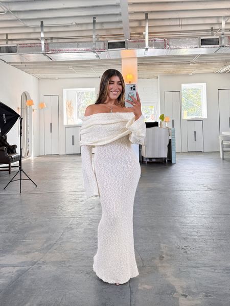 I’m OBSESSED with this knit off-the-shoulder maxi dress!!! The fabric is semi sheer with a boucle-like texture and it just hugs every curve perfectly. I’m in a size small! Would be such a pretty dress for a bridal event or bachelorette 

#LTKstyletip #LTKU #LTKwedding