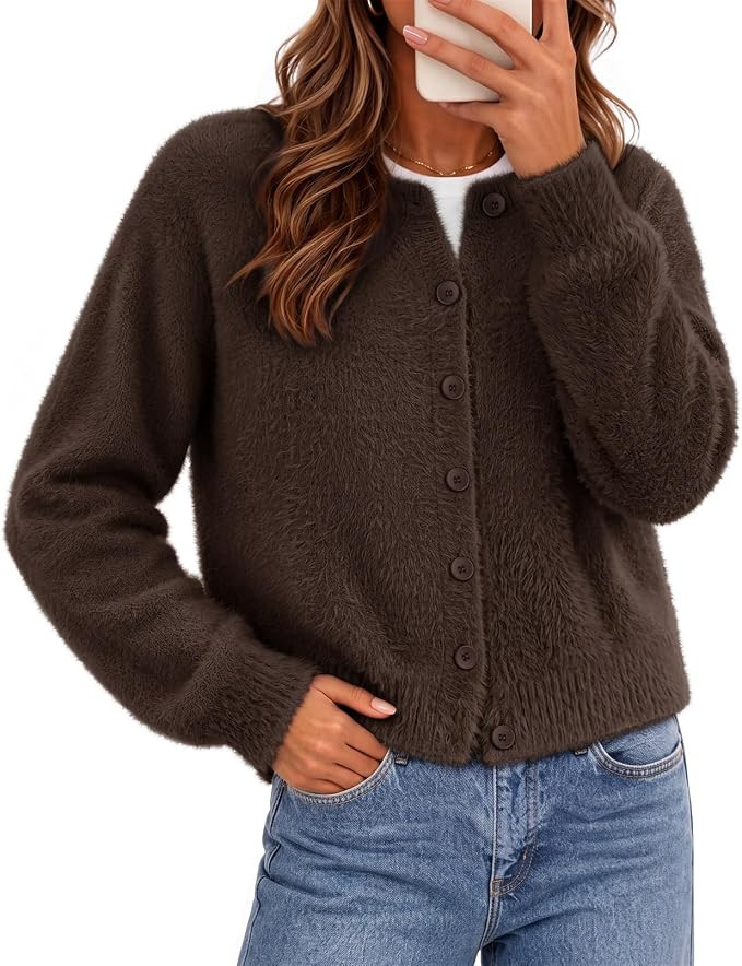 MEROKEETY Women's Fall Long Sleeve Fuzzy Button Cardigan Sweater | Amazon (US)