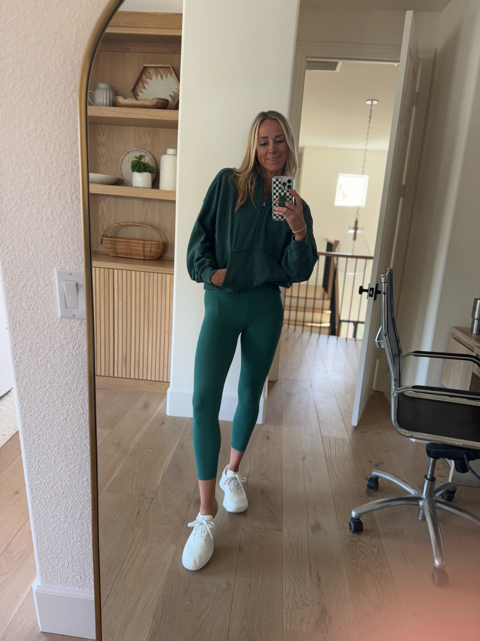 Wearing a small in the leggings, medium in the sweatshirt! The shoes are TTS