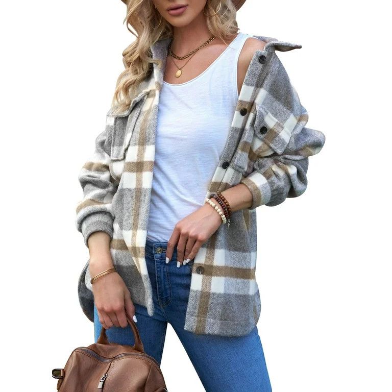 Astylish Shackets Women Long Sleeve Button Down Plaid Blouse Jackets Vintage Shirt Tops with Ches... | Walmart (US)