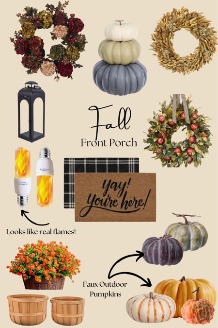 Fall front porch decorations, faux pumpkins, faux mums, doormats, fall wreath 

#LTKSeasonal #LTKhome #LTKstyletip