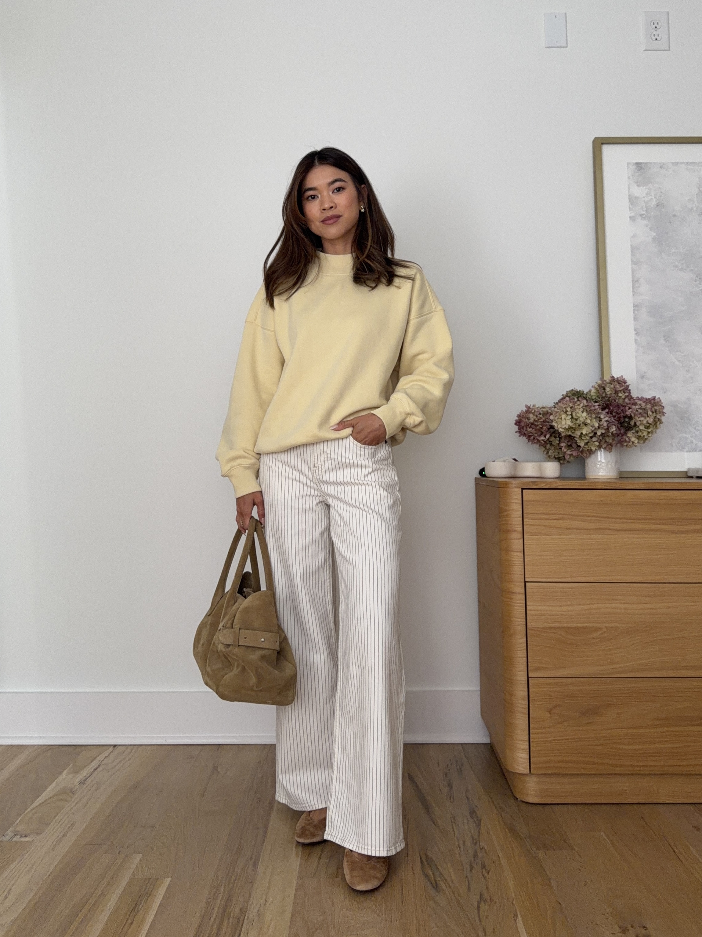 Travel day outfit! This @abercrombie sweatshirt is the coziest. 

Sizing info:
Abercrombie Linen-Blend High Rise Wide Leg Striped Jean - Size 24 short in Cream Stripe
Abercrombie Sunday Mockneck Crew - size small in Light Yellow

petite fashion, get dressed with me, outfit inspiration, ootd, nashville outfit, Nashville influencer, petite style, vacation style, casual outfits, mom style, petite shorts, spring outfits, spring outfit info, spring pants, spring outfit idea, spring top, spring bag, spring shoes, summer shorts, summer pants, summer sweatshirt, yellow sweatshirt abercrombie pants

#LTKxAbercrombie #LTKootd #LTKPetite