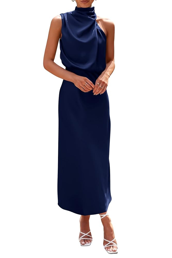 PRETTYGARDEN Women's 2025 Summer Satin Dress Elegant Sleeveless Mock Neck Cocktail Party Maxi Dre... | Amazon (US)