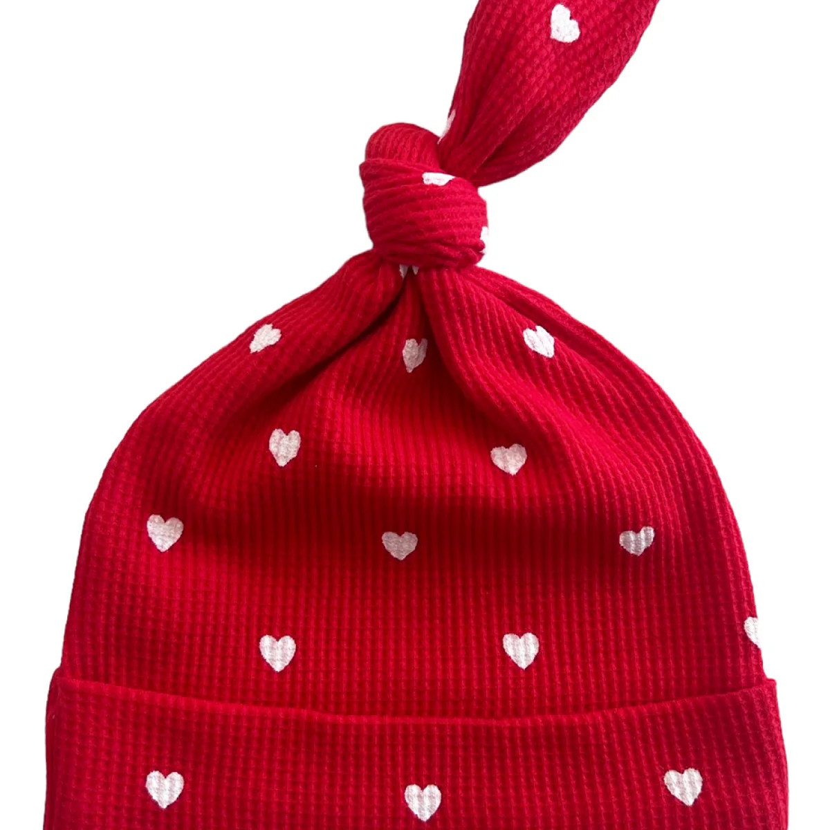 Organic Waffle Knot Beanie, Little White Heart (on Red) | SpearmintLOVE