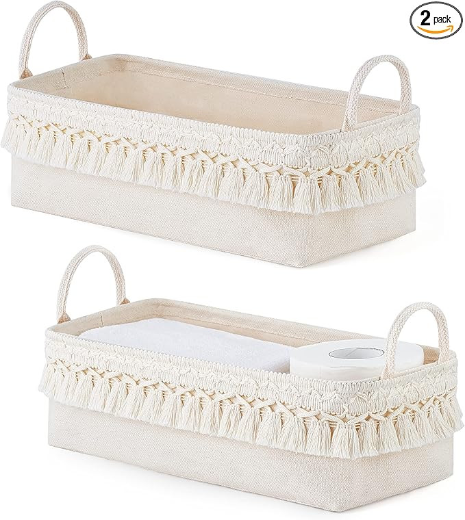 Mkono 2 Pack Storage Baskets for Bathroom Closet Shelf Boho Decor Small Storage Bins with Tassels... | Amazon (US)