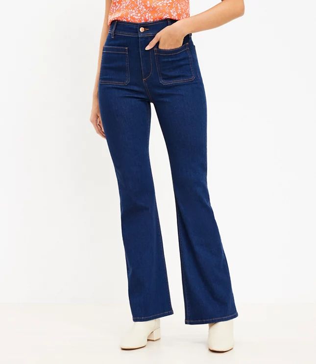 Patch Pocket High Rise Slim Flare Jeans in Classic Mid Indigo Wash | LOFT