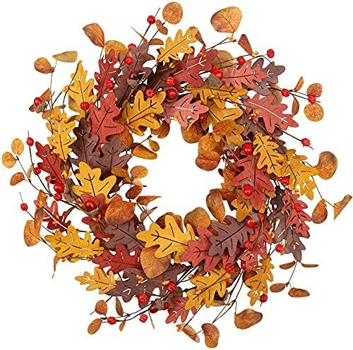 VGIA 18 Inch Fall Wreath Autumn Wreath Artificial Wooden Oak Leaves Wreath with Acorns Front Door Wr | Amazon (US)