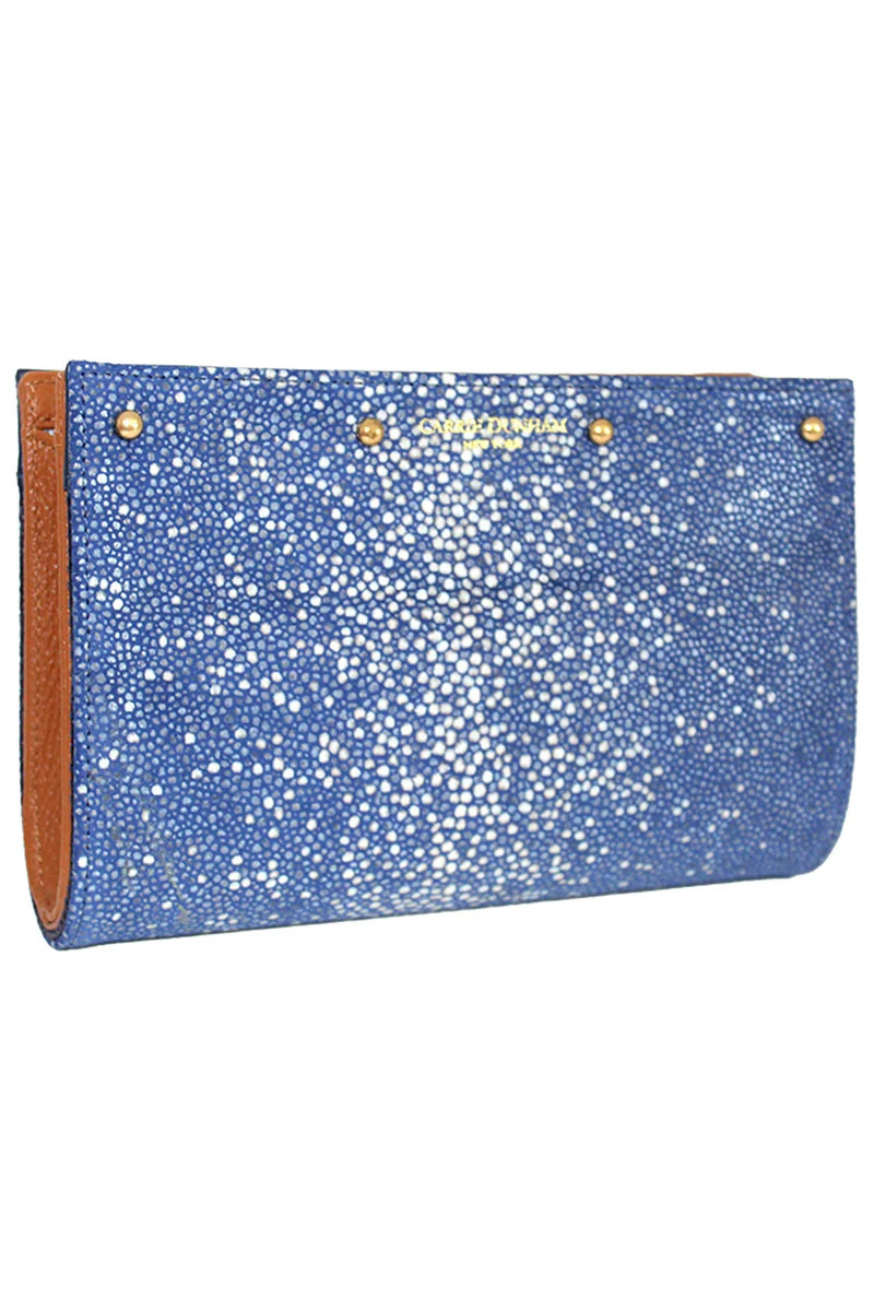 Lizzie Reversible Periwinkle & Tan Woven Raffia Reversing to Bright Navy Stingray Clutch Cover | CARRIE DUNHAM