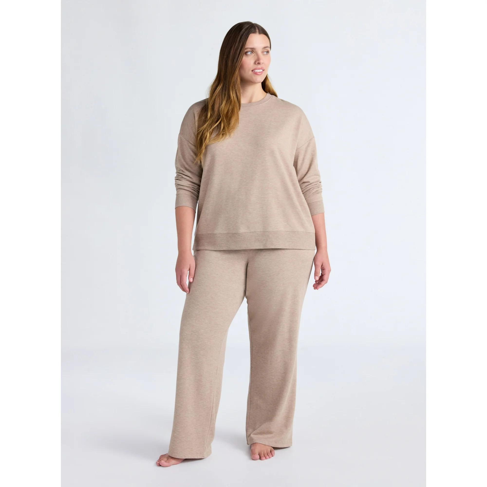 Joyspun Women's Fleece Long Sleeve Top and Straight Leg Pants Lounge Set, 2-Piece, Sizes XS-3X | Walmart (US)
