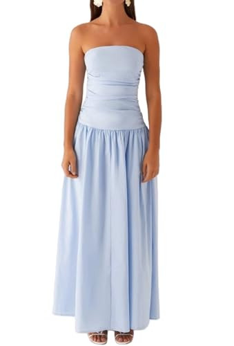 Luckinbaby Women Strapless Drop Waist Maxi Dress Y2k Long Floral Tube Dress Flowy A Line Off Shoulder Cocktail Dresses(Long Blue,M) | Amazon (US)