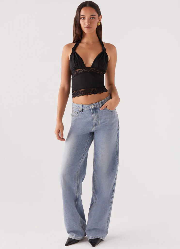 Ocean Plunge Lace Trim Top - Black | Peppermayo (Global)