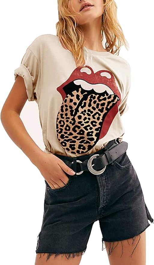 ReachMe Womens Cute Red Lips Leopard Tongue Tees Trendy Cheetah Animal Printed T-Shirt | Amazon (US)