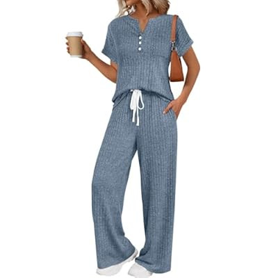 LILLUSORY Women's 2 Piece Matching Lounge Sets Summer Henley Neck Wide… | Amazon (US)