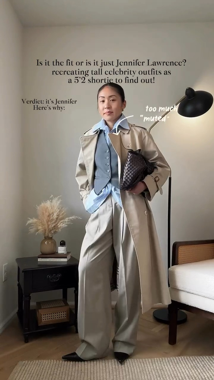 Jennifer Lawrence’s 5’9 outfit vs my 5’2 petite frame— will it work? 🤍 wellllllll it gets a bit tricky here. I felt that the blue button up shirt was a bit unnecessary for layering. Combine that with muted color after muted color, I honestly felt a bit “drowned out” by all these heavy pieces. Going to take the L on this one girls sorry,  this Jennifer Lawrence outfit is NOT 5’2 approved 😭

If you want to see MORE celeb and Pinterest recreation outfits on a 5’2 shortie, I’m your gal @amandacapsulewardrobe  and would love to have you hear to solve the “is the fit a slay or is she just tall?” Question for good! 

🔗 Outfit specifics always linked in bio → LTK @amandacapsulewardrobe
⸻

#jenniferlawrence #shortgirlstyle #trenchcoatoutfit #recreatingcelebritylooks #transitionalstyle recreating Pinterest outfits, recreating celebrity outfits, is it the outfit or is she just tall, Pinterest outfit inspiration, capsule closet inspiration, how to style a trench coat on short girls, how to style a suiting vest, timeless chic looks, Jennifer Lawrence style inspo, Jennifer Lawrence outfits, transitional weather outfit ideas, short girl styles, office outfits for petites, petite styling, 5’2 height, 90’s style, Burberry trench coat outfits, the Frankie shop outfits