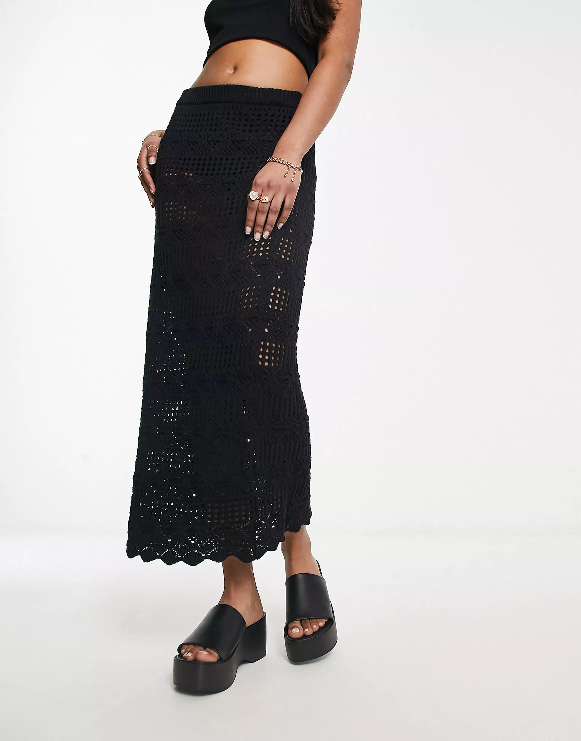 Monki crochet midi skirt in black | ASOS (Global)