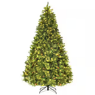 8 ft. Pre-Lit LED Artificial Christmas Tree Hinged with 600 LED Lights and Pine Cones | The Home Depot