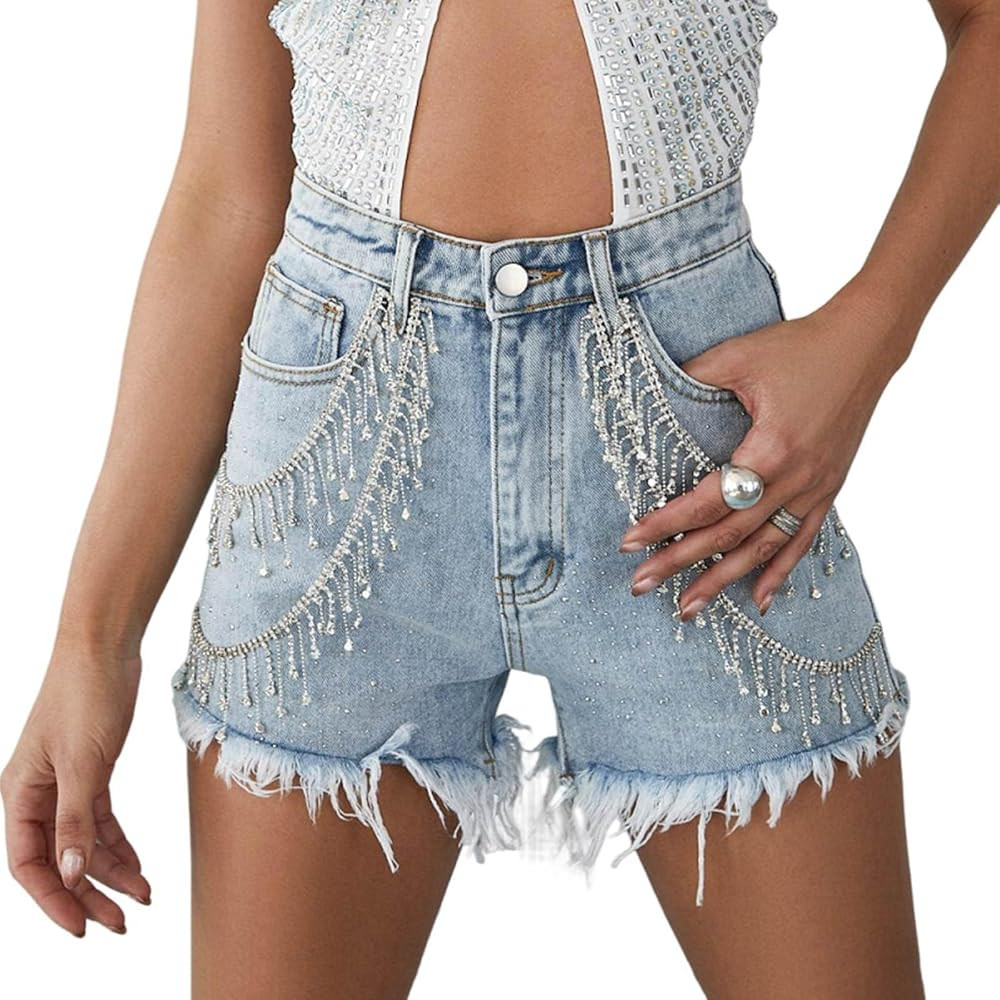 Women's Sparkly Rhinestone Fringe Denim Shorts Y2k High Waisted Cut Off Jeans Shorts Trendy Stree... | Amazon (US)