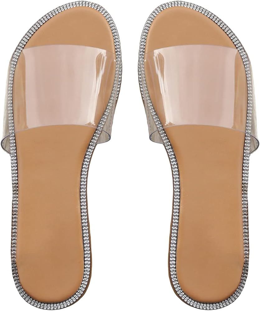 GORGLITTER Rhinestone Clear Flat Sandals Open Toe Slide Sandals | Amazon (US)
