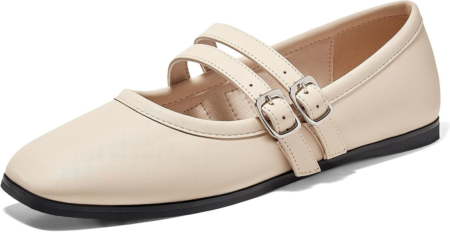Coutgo Womens Mary Jane Flats Shoes Dressy Comfortable Square Toe Double Strap Soft Work Slip on Ballet Flat | Amazon (US)
