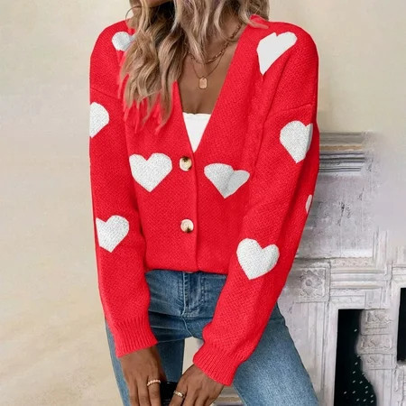 Lroveb Heart Cardigan for Women Valentines Day Sweater Cardigan Long Sleeve V Neck Button Up Knit Coat Red | Walmart (US)