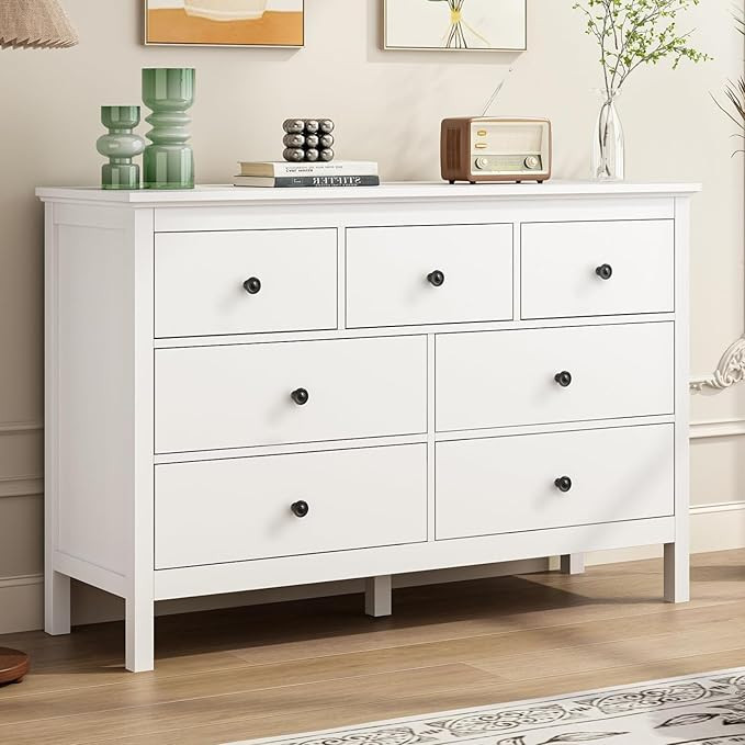 LYNSOM White Dresser for Bedroom with 7 Drawers, 47'' Wide Modern Chest of Drawer with Black Hand... | Amazon (US)