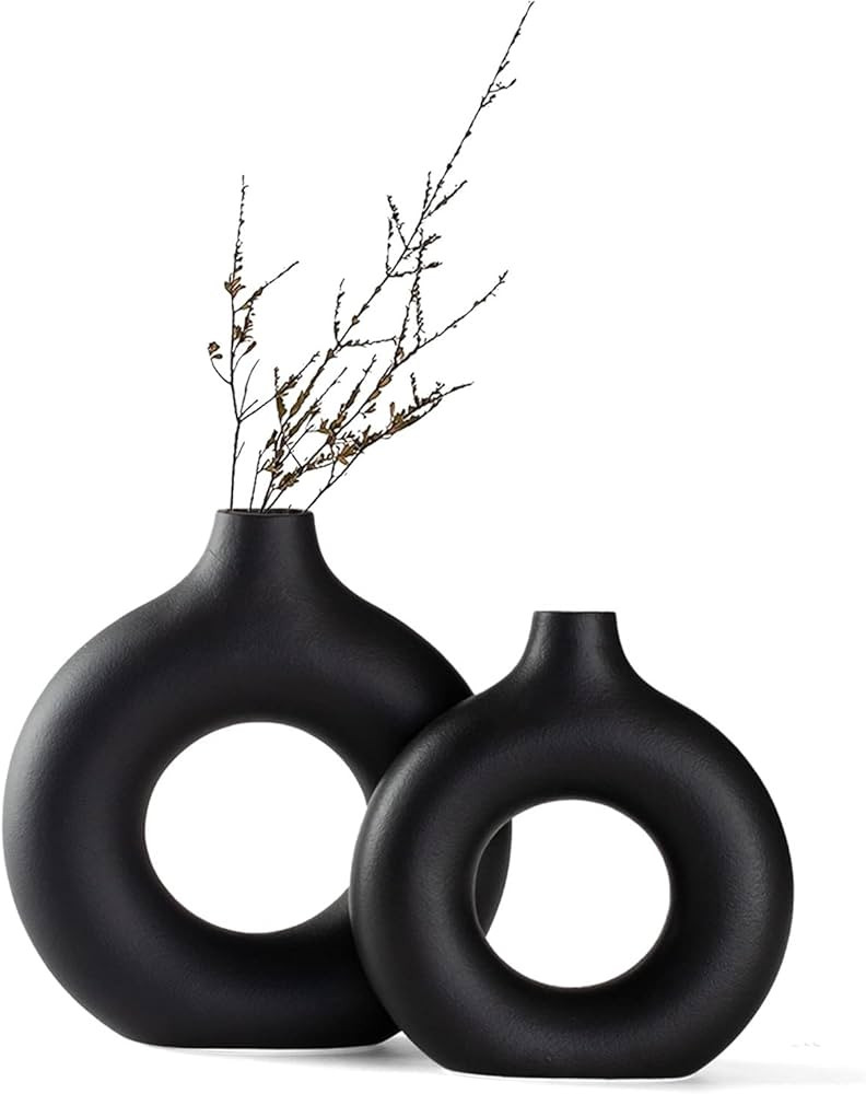 Black Ceramic Donut Vase Set of 2, Hollow Round Matte Pampas Flower Vases for Boho Home Wedding P... | Amazon (US)